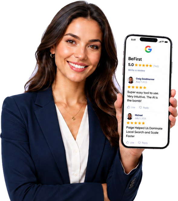 Woman holding a phone showing BeVisible's 5-star Google reviews